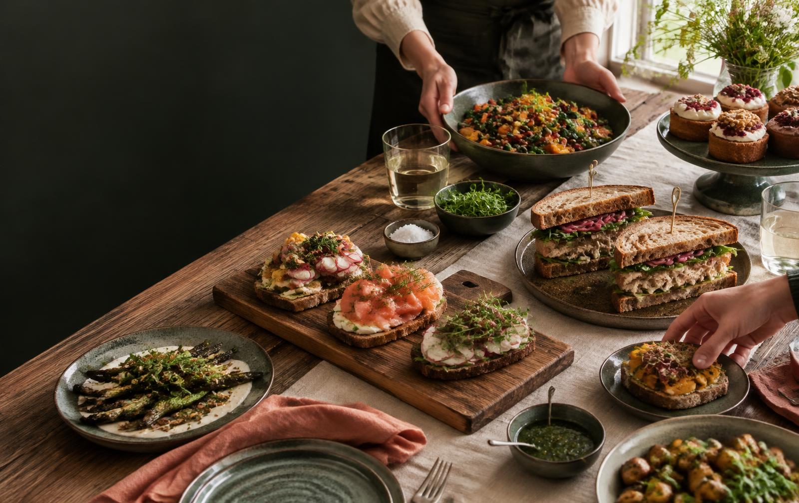 Festligt cateringbord med smørrebrød, salater og kager