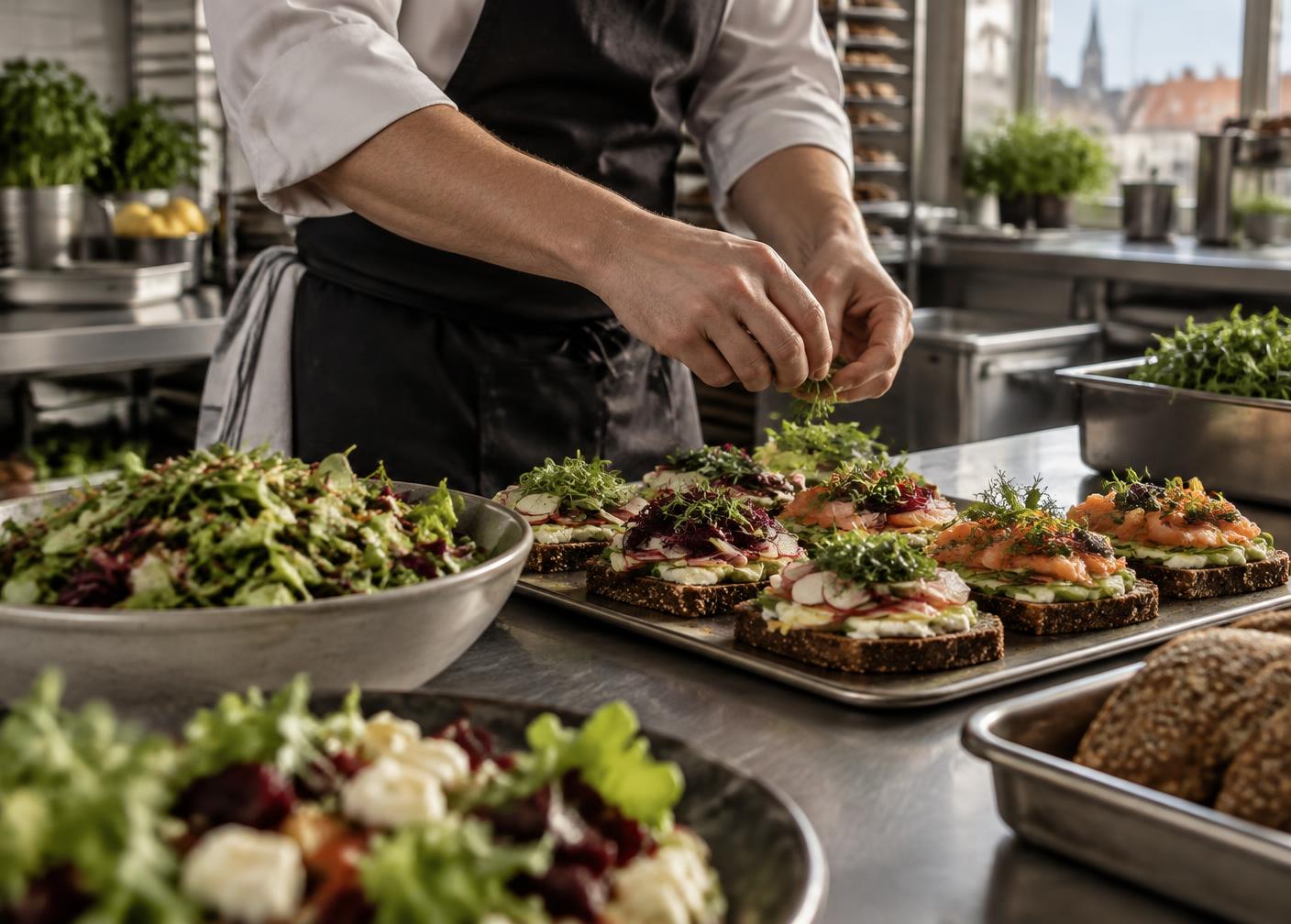 Kok færdiggør catering i produktionskøkkenet