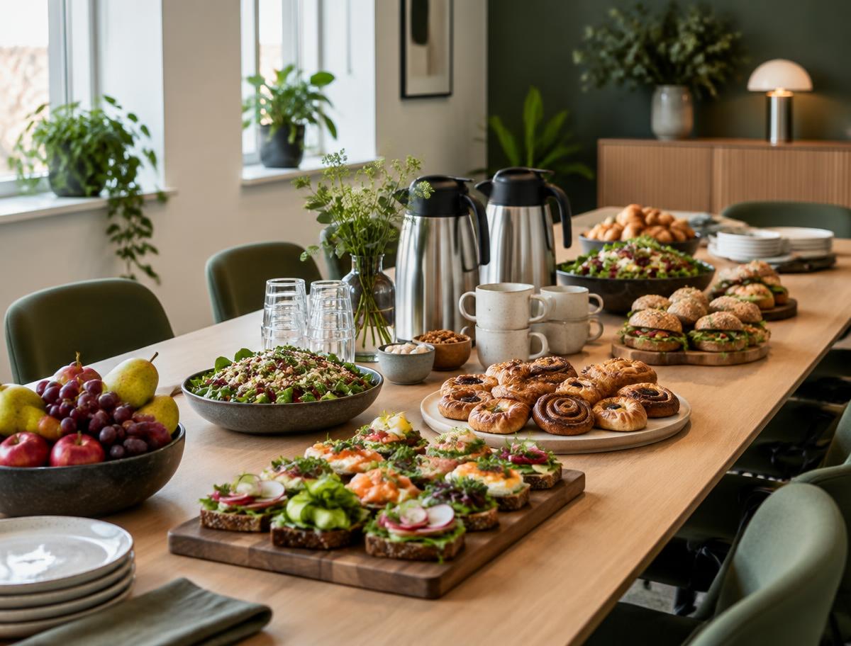 Mødeforplejning med sandwich, salater, bagværk og kaffe